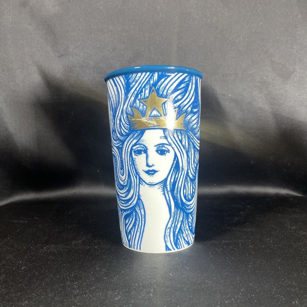 Starbucks Tumbler Blue Mermaid Anniversary Gold Crown 16’ 12oz Coffee Mug Travel